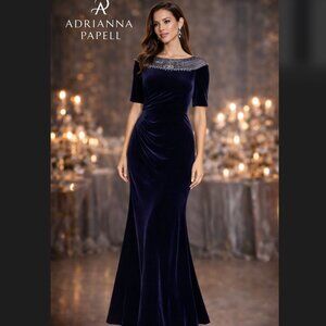 Adrianna Papell Velvet Beaded Gown 8 Navy Ruched Formal Mermaid Dress Maxi Party